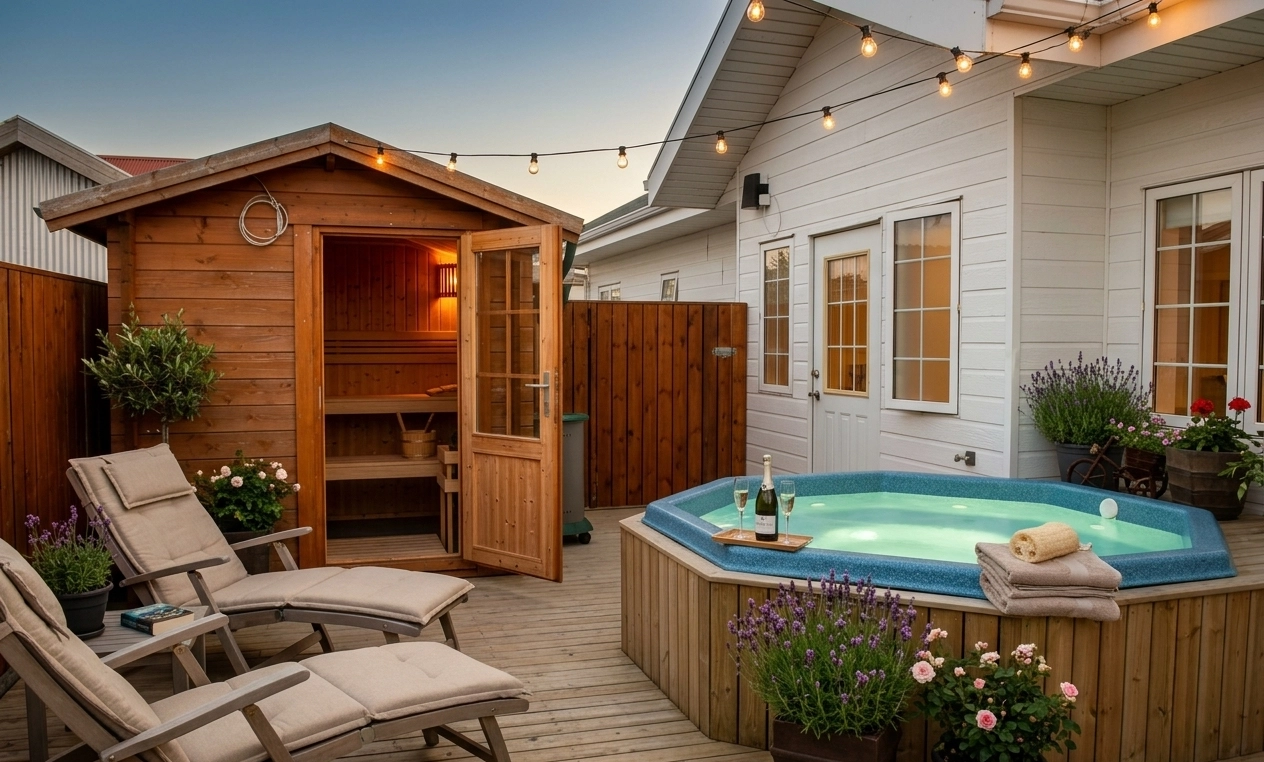 Nupan Deluxe outdoor hot tub and sauna terrace at sunset